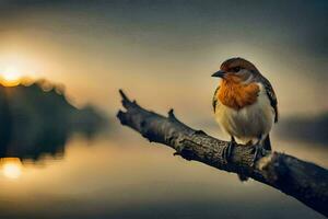 ein Vogel sitzt auf ein Ast in der Nähe von das Wasser. KI-generiert foto