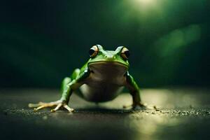 ein Frosch ist Stehen auf ein dunkel Oberfläche. KI-generiert foto