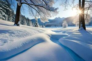 Schnee bedeckt Landschaft mit Bäume und Sonne. KI-generiert foto