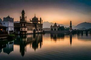 das Sonnenuntergang Über das See im Udaipur, Indien. KI-generiert foto