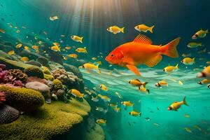 Foto Hintergrund Fisch, Koralle, das Sonne, das Meer, das Riff, Fisch, Koralle,. KI-generiert