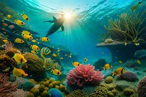 ein unter Wasser Szene mit Koralle Riffe und Fisch. KI-generiert foto
