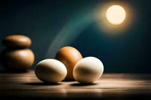 drei Eier sitzen auf ein Tabelle im Vorderseite von ein Licht. KI-generiert foto