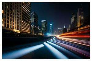 ein Stadt Straße beim Nacht mit Licht Wanderwege. KI-generiert foto