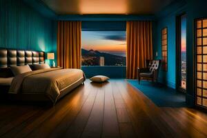 ein Schlafzimmer mit Blau Wände und ein Aussicht von das Stadt. KI-generiert foto