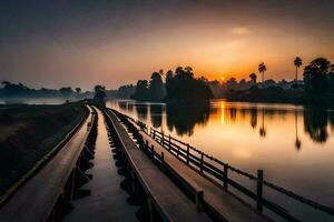 ein Brücke Über ein Fluss beim Sonnenuntergang. KI-generiert foto