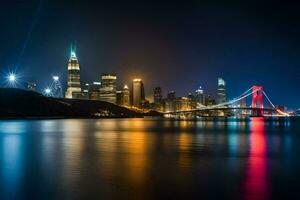 das Stadt Horizont beim Nacht mit das Bucht Brücke im das Vordergrund. KI-generiert foto