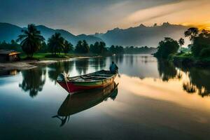 ein Boot auf das Fluss beim Sonnenuntergang. KI-generiert foto