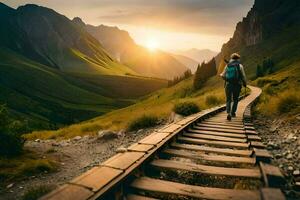 ein Person Gehen auf ein hölzern Pfad im das Berge. KI-generiert foto