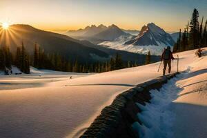 ein Person Wandern im das Schnee mit das Sonne Rahmen hinter ihnen. KI-generiert foto