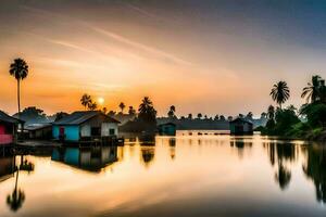 ein schön Sonnenuntergang Über ein Fluss mit Häuser und Palme Bäume. KI-generiert foto