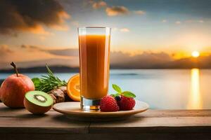 ein Glas von Saft mit Obst und Beeren auf ein Tisch. KI-generiert foto