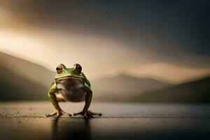 ein Frosch ist Stehen auf das Boden im Vorderseite von ein Berg. KI-generiert foto