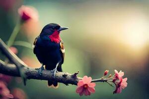 ein Vogel Sitzung auf ein Ast mit Blumen im das Hintergrund. KI-generiert foto