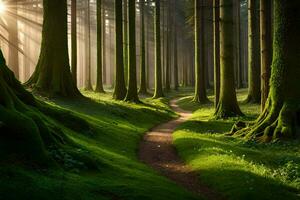 ein Pfad durch ein Wald mit Bäume und Gras. KI-generiert foto