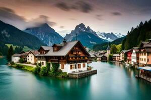 ein schön See und Berg Dorf im das schweizerisch Alpen. KI-generiert foto