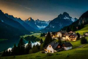 ein schön Berg Dorf mit ein See und Berge im das Hintergrund. KI-generiert foto