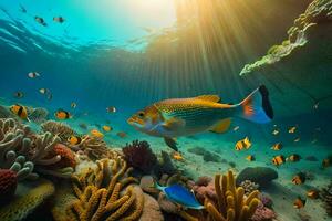 Foto Hintergrund Fisch, Koralle, das Sonne, das Meer, das Ozean, das Sonne, Die. KI-generiert