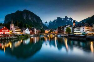 das schön Stadt, Dorf von hallstatt im das schweizerisch Alpen. KI-generiert foto