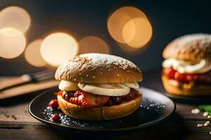 zwei Sandwiches mit Bananen und Erdbeeren auf ein Platte. KI-generiert foto