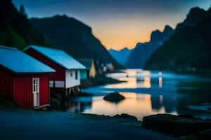 Foto Hintergrund das Himmel, Berge, Wasser, Häuser, das Meer, das Berge, Norwegen. KI-generiert