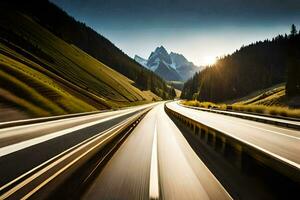 ein lange Exposition fotografieren von ein Autobahn mit Berge im das Hintergrund. KI-generiert foto