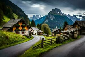 Foto Hintergrund das Himmel, Berge, Straße, Häuser, Bäume, Berge, Straße, Dorf,. KI-generiert