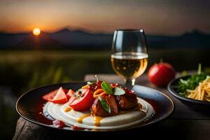 ein Teller von Essen mit ein Glas von Wein und ein Aussicht von das Sonnenuntergang. KI-generiert foto