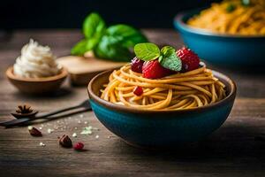 Spaghetti mit Beeren und Minze Blätter im ein Schüssel. KI-generiert foto