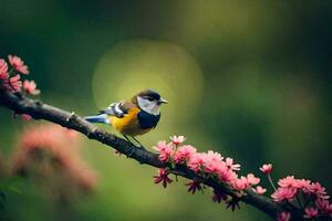 ein Vogel sitzt auf ein Ast mit Rosa Blumen. KI-generiert foto