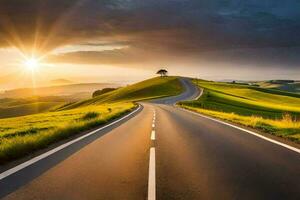 das Sonne scheint Über ein Straße im das Mitte von ein Grün Feld. KI-generiert foto