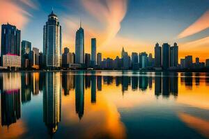 das Stadt Horizont ist reflektiert im das Wasser beim Sonnenuntergang. KI-generiert foto