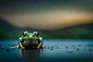 ein Frosch Sitzung auf das Boden mit ein dunkel Hintergrund. KI-generiert foto