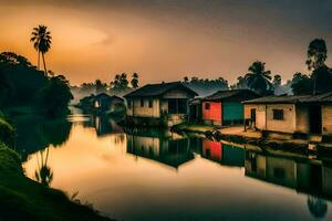 ein Fluss im das Mitte von ein Dorf beim Sonnenuntergang. KI-generiert foto
