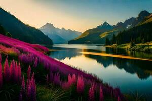 das Sonne steigt an Über das Berge und das lila Blumen blühen im Vorderseite von das See. KI-generiert foto