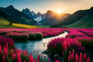 das Sonne steigt an Über das Berge und das Fluss fließt durch das Rosa Blumen. KI-generiert foto