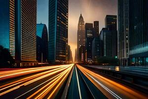 ein Stadt Straße mit Licht Wanderwege von Autos. KI-generiert foto