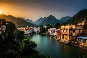 Foto Hintergrund das Himmel, Berge, Fluss, Haus, Fluss, Sonnenuntergang, Indien, u. KI-generiert