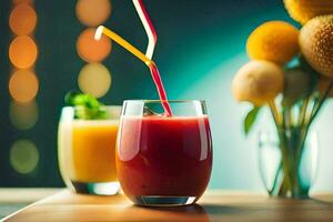 zwei Brille von Saft mit Strohhalme und ein Vase von Blumen. KI-generiert foto