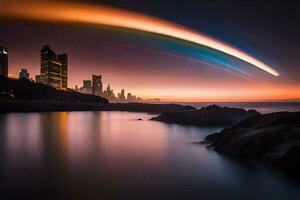 ein Regenbogen ist gesehen Über das Ozean im Vorderseite von ein Stadt. KI-generiert foto