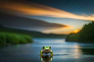 ein Frosch ist Stehen im das Wasser beim Sonnenuntergang. KI-generiert foto