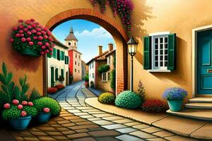 ein Illustration von ein Straße mit Blumen und ein Tür. KI-generiert foto