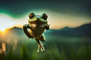 ein Frosch Springen im das Luft mit das Sonne im das Hintergrund. KI-generiert foto