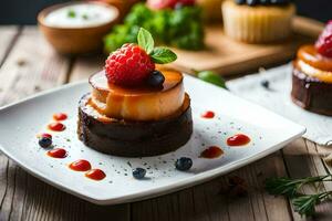 ein Dessert mit Beeren und Schokolade auf ein Weiß Platte. KI-generiert foto