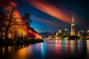 das Stadt Beleuchtung sind reflektiert im das Wasser. KI-generiert foto