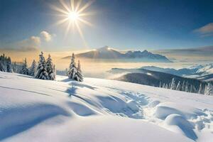 Schnee bedeckt Berge und Bäume im das Sonne. KI-generiert foto