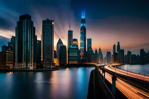 das Stadt Horizont beim Nacht mit ein lange Belichtung. KI-generiert foto