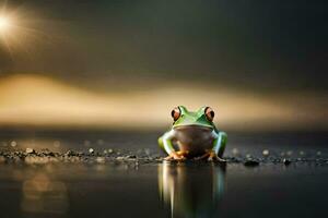 ein Frosch Sitzung auf das Boden im das Wasser. KI-generiert foto