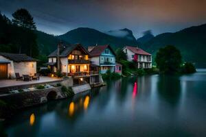 Häuser auf das See beim Nacht. KI-generiert foto