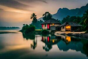 ein Haus auf das Ufer von ein See beim Sonnenuntergang. KI-generiert foto